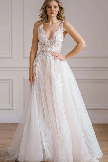 Ethereal A Line Lace Floor-length Sleeveless Open Back Wedding Dress with Appliques