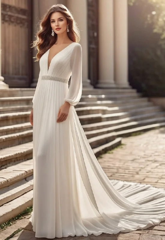 Plunging Neckline Long Sleeve Pleated A Line Chiffon Wedding Dress with Train and Belt