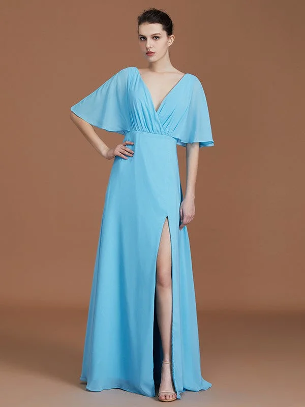 A-Line/Princess V-neck 1/2 Sleeves Floor-Length Chiffon Bridesmaid Dresses