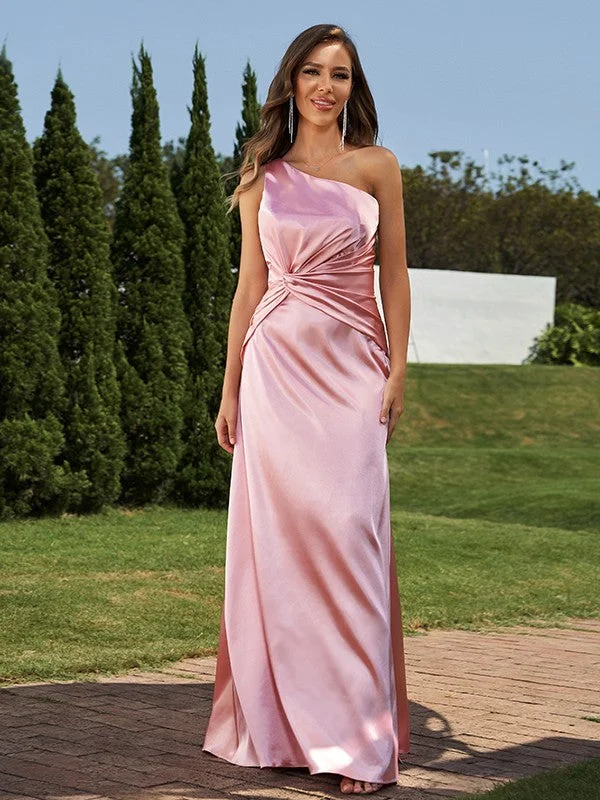 Sheath/Column  Woven Satin Ruched One-Shoulder Sleeveless Floor-Length Bridesmaid Dresses