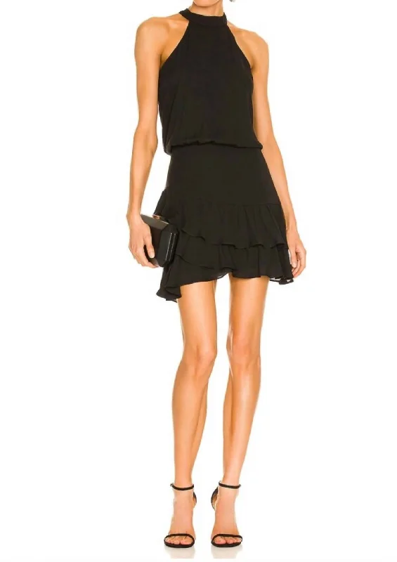 Halter Asymmetrical Ruffle Mini Dress in Black