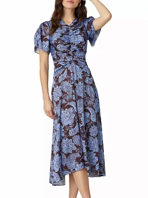 Anita Floral Ruched Midi-Dress In Chocolate/lavender