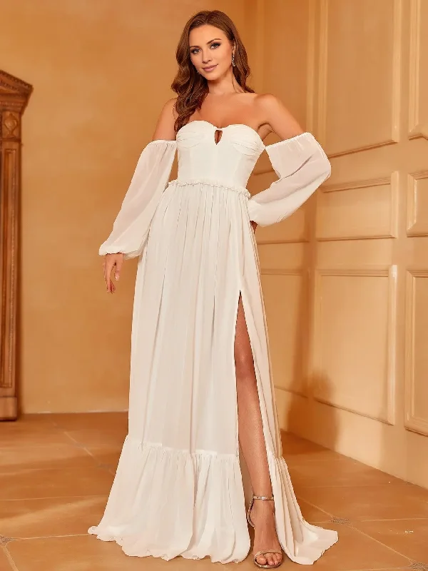 Off shoulder lantern sleeve chiffon slit and floor length wedding dress