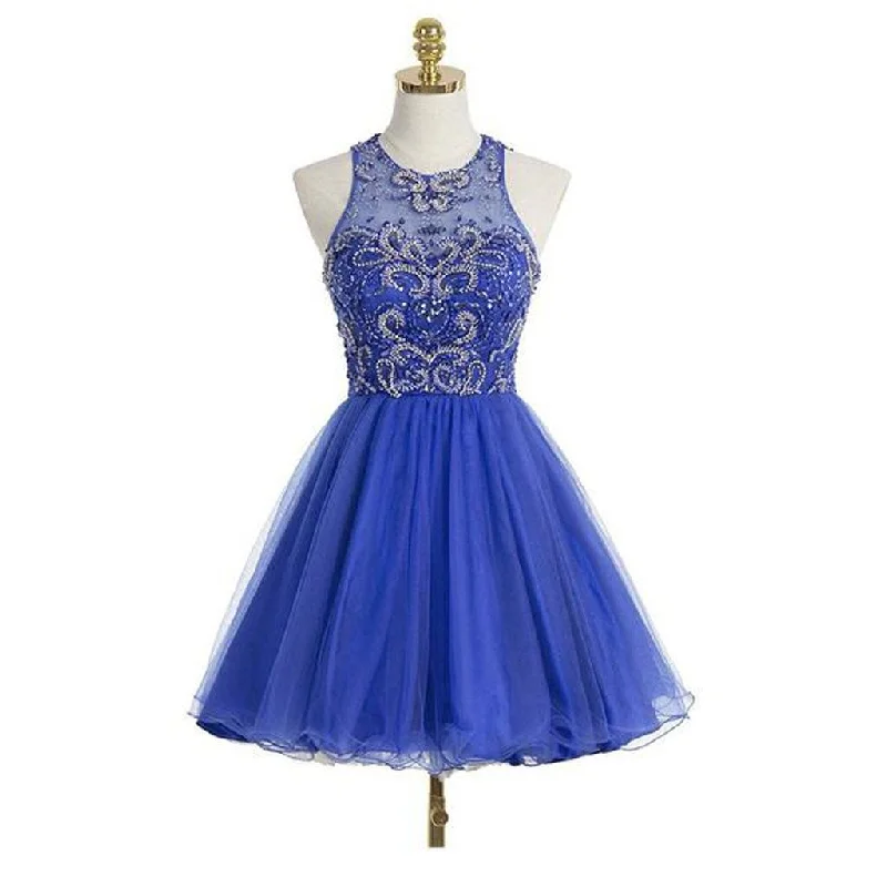 Royal Blue Sexy Open back Halter Beaded homecoming prom dresses, CM0021