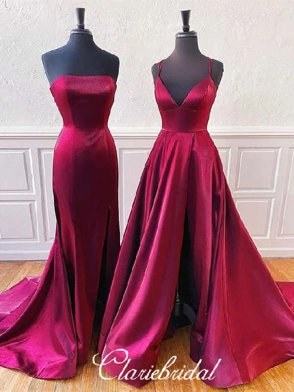 Lovely Plum Satin Prom Dresses, Slit Prom Dresses, Simple Prom Dresses, Affordable Prom Dresses