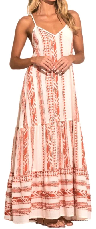 Spaghetti Strap Tiered Maxi Dress In Natural/orange