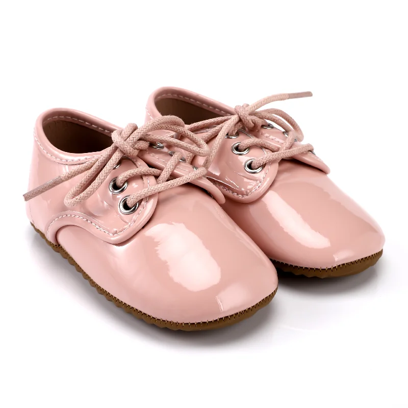 Zeebra Kids Patent Leather Lace Ups - Rubber Sole - Ballerina Pink