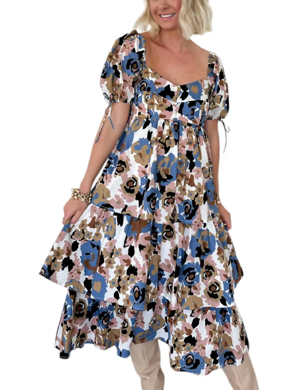 Someplace Somewhere Floral Ruffle Midi Dress In Brown And Blue