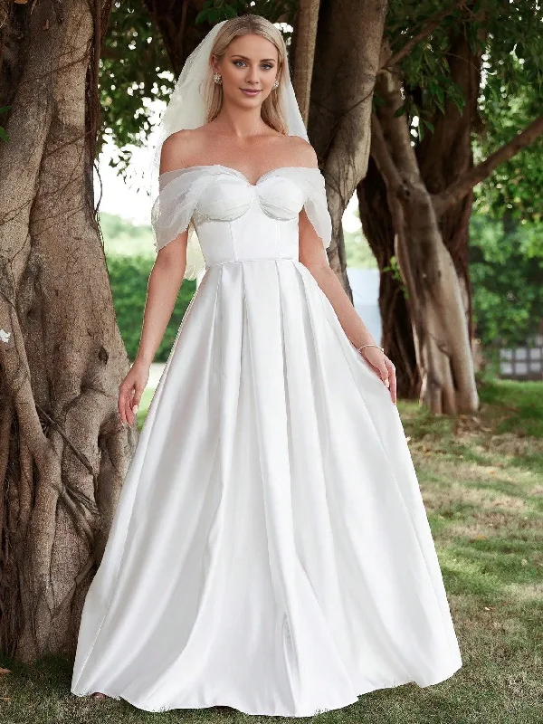 Shoulderless pleated half body satin and floor length wedding dress