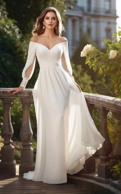 Elegant Off-the-Shoulder Long Sleeve Sheath Chiffon Wedding Dress