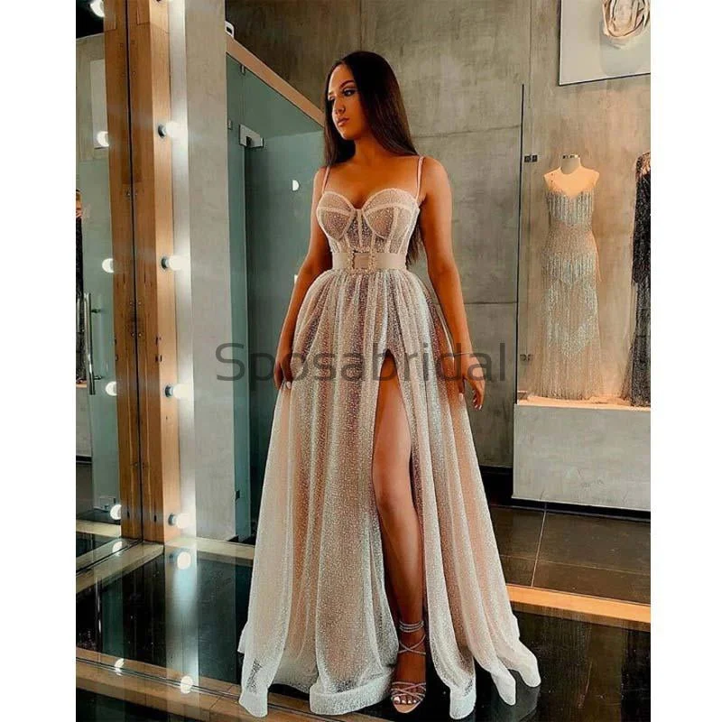 A-line Charming Spaghetti Straps Sequin Side Slit Modest Prom Dresses PD1984