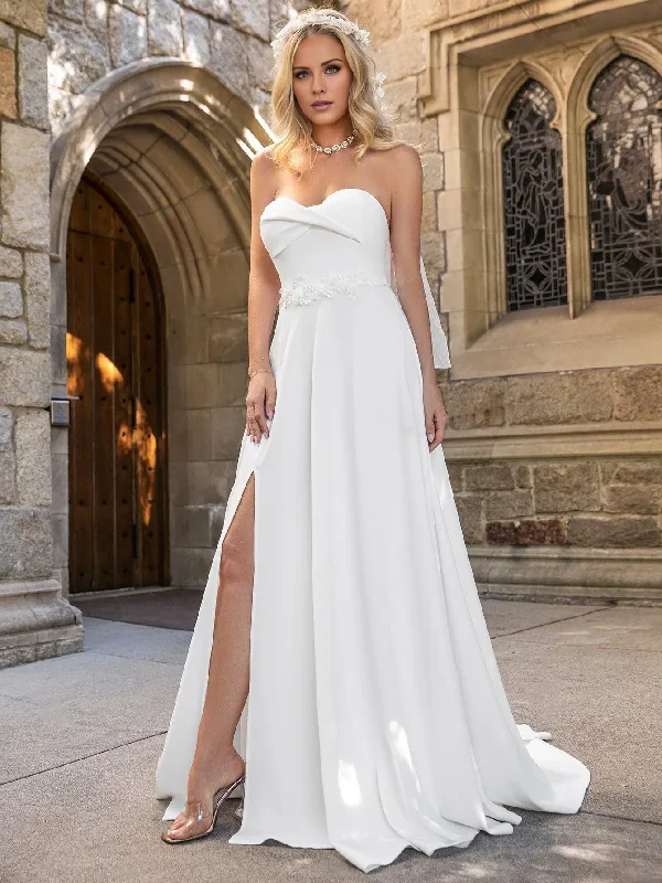 Elegant flower decal slit strapless and floor length wedding dress