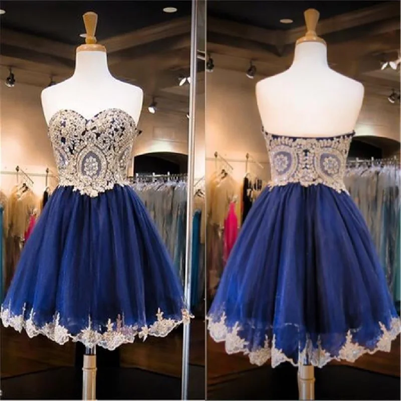 Navy Blue Skirt Gold Lace Beaded homecoming prom dresses, CM0027