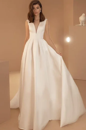 Simple V-neck Satin Ball Gown Sleeveless Floor-length Sweep Train Wedding Dress with Pockets