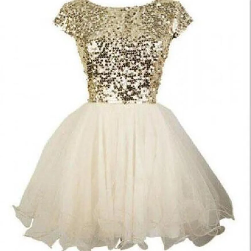 Gold sequin short sleeve Tulle homecoming prom dresses, cocktail dress, CM0012