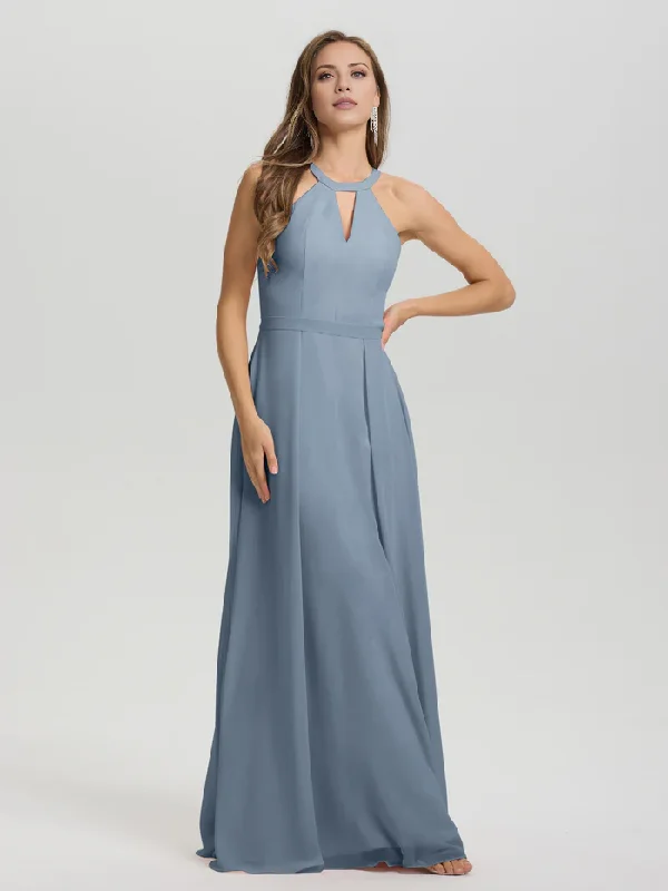 A-line hanging neck collar sleeveless and floor chiffon bridesmaid dress