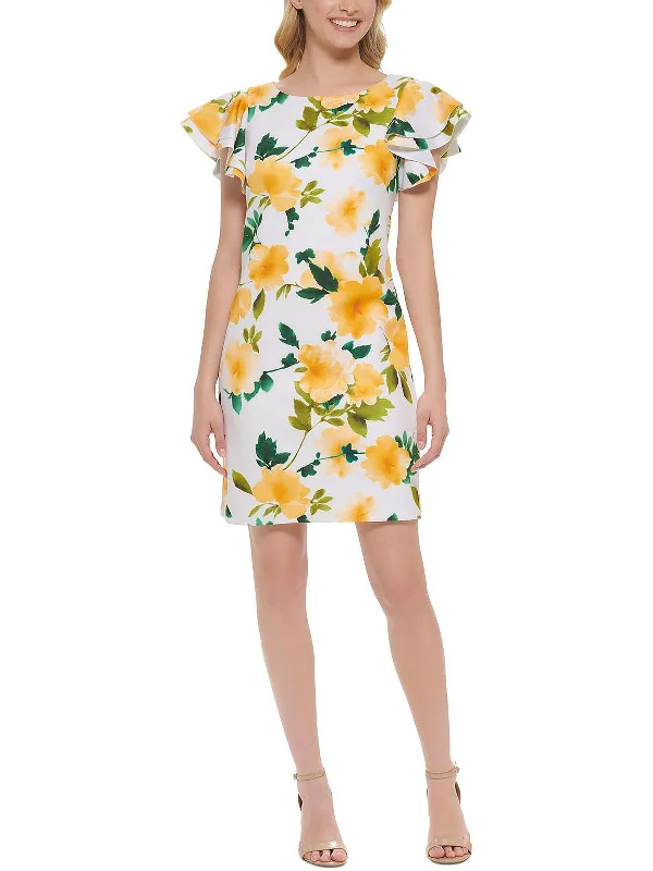 Petites Womens Floral Mini Sheath Dress