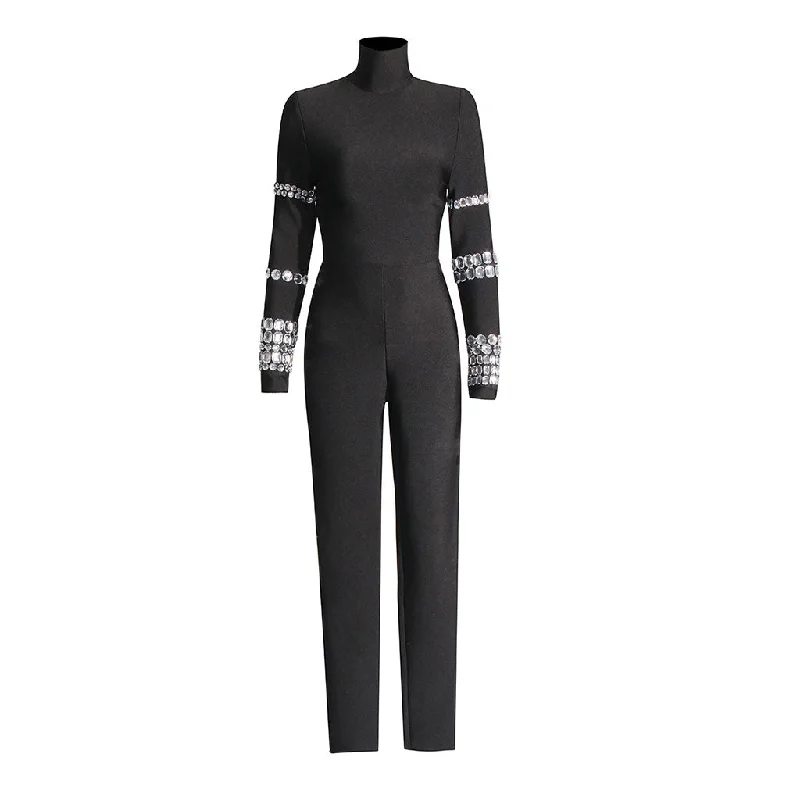 Luxury Rhinestone High Neck Long Sleeve Bodycon Bandage Jumpsuit