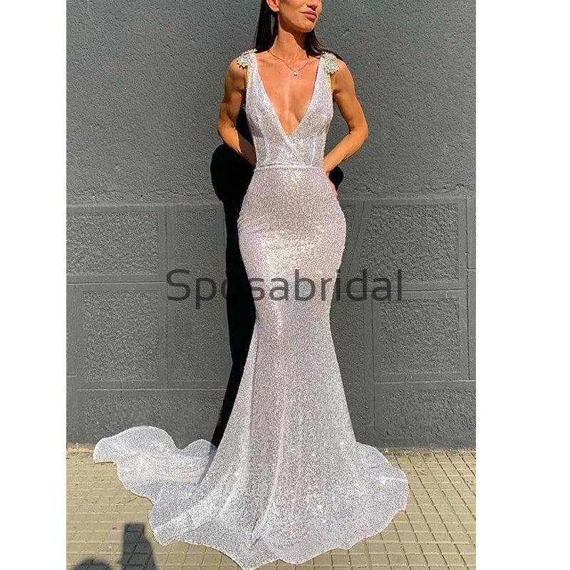 Mermaid Silver V-Neck Simple Modest Prom Dresses PD2269