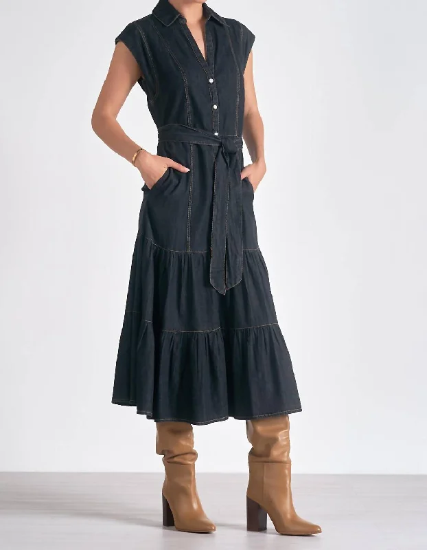 Cap Sleeve Midi Dress In Black