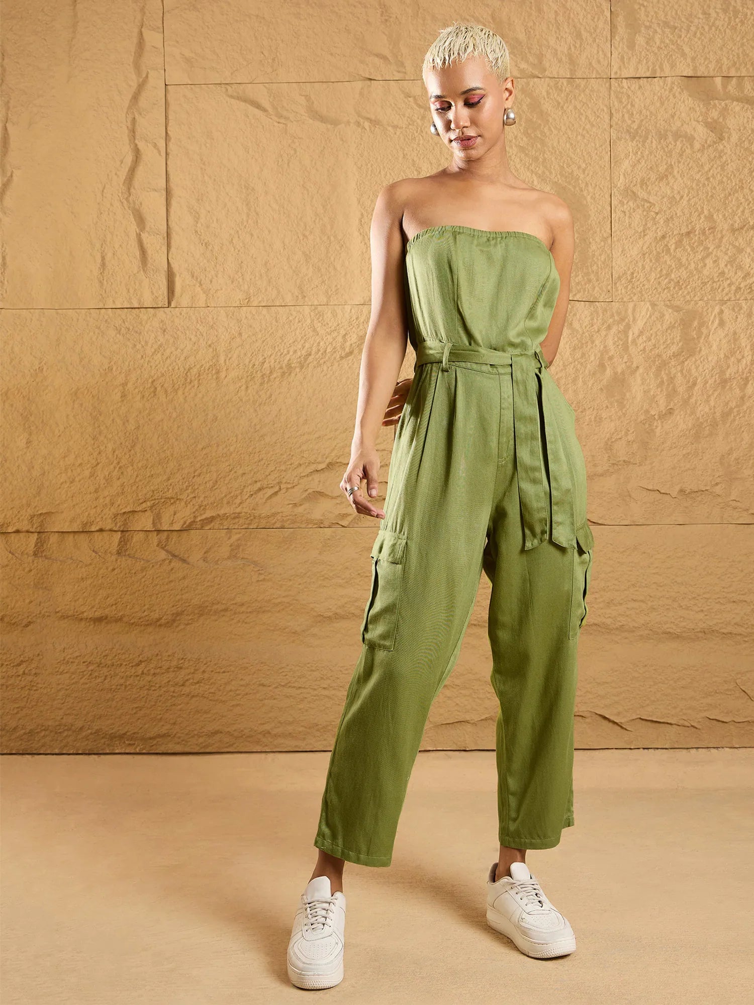 Women Olive Twill Off-Shoulder Jumpsuit-SFJMPS8321