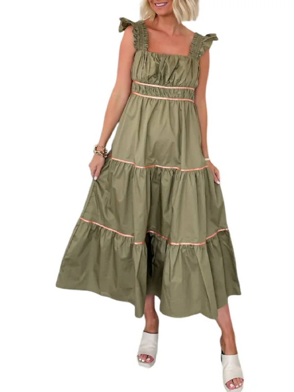 On Your Mind Tiered Midi Dress In Olive