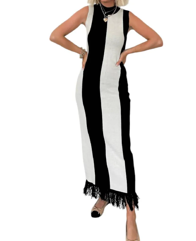 Angel Face Colorblock Fringe Midi Dress In Black And Ivory