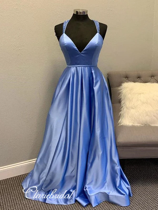 Deep Neckline Satin Prom Gowns, Fashion Unique Beaded A-line Prom Dresses