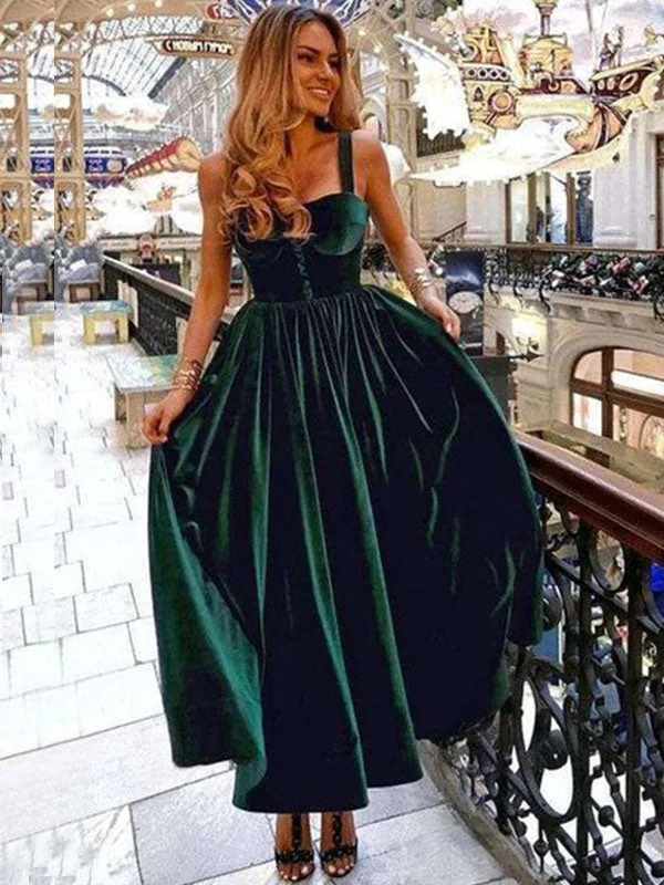 Emerald Green Spaghetti Strap Sweetheart A-line Mid-length Prom Dress, PD3142