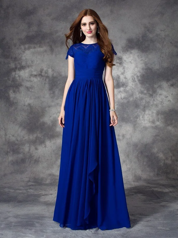 A-line/Princess Bateau Lace Sleeveless Long Chiffon Bridesmaid Dresses