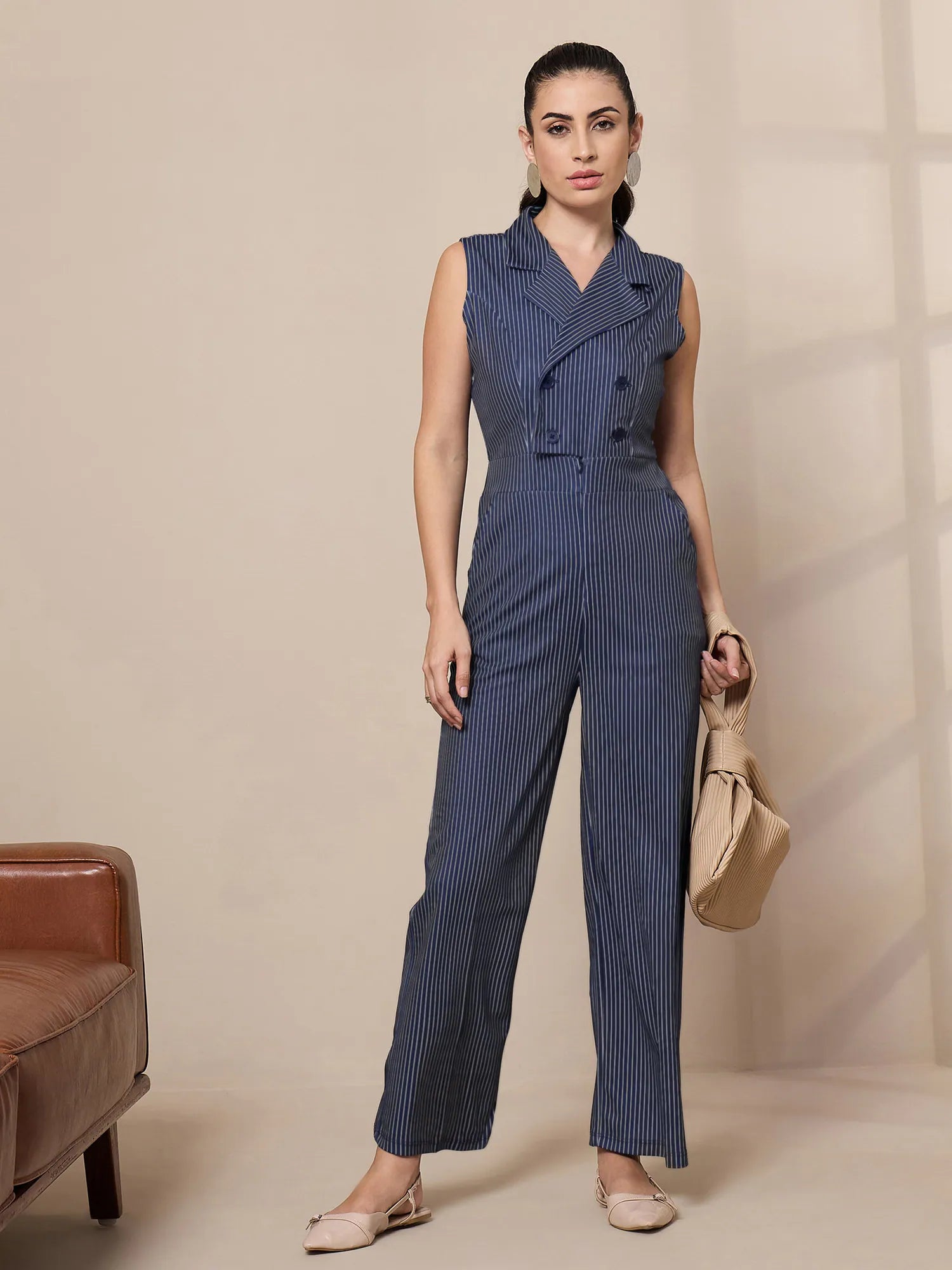 Women Navy Striped Notch Collar Jumpsuit-SFJMPS8324