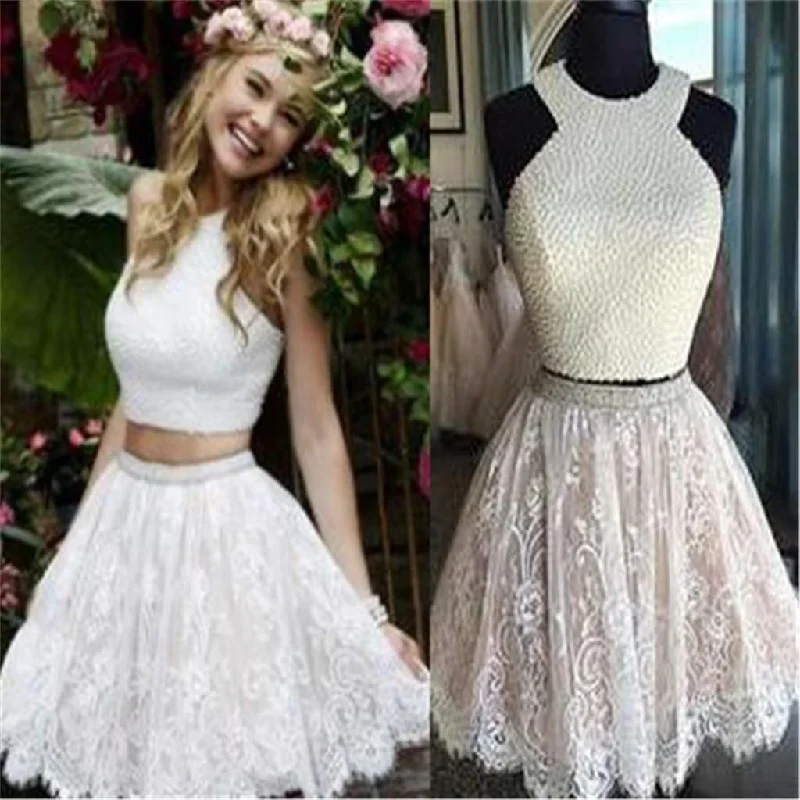 Sexy Two Pieces Halter Lace skirt Pearls bodice Cute homecoming prom dresses, CM0010