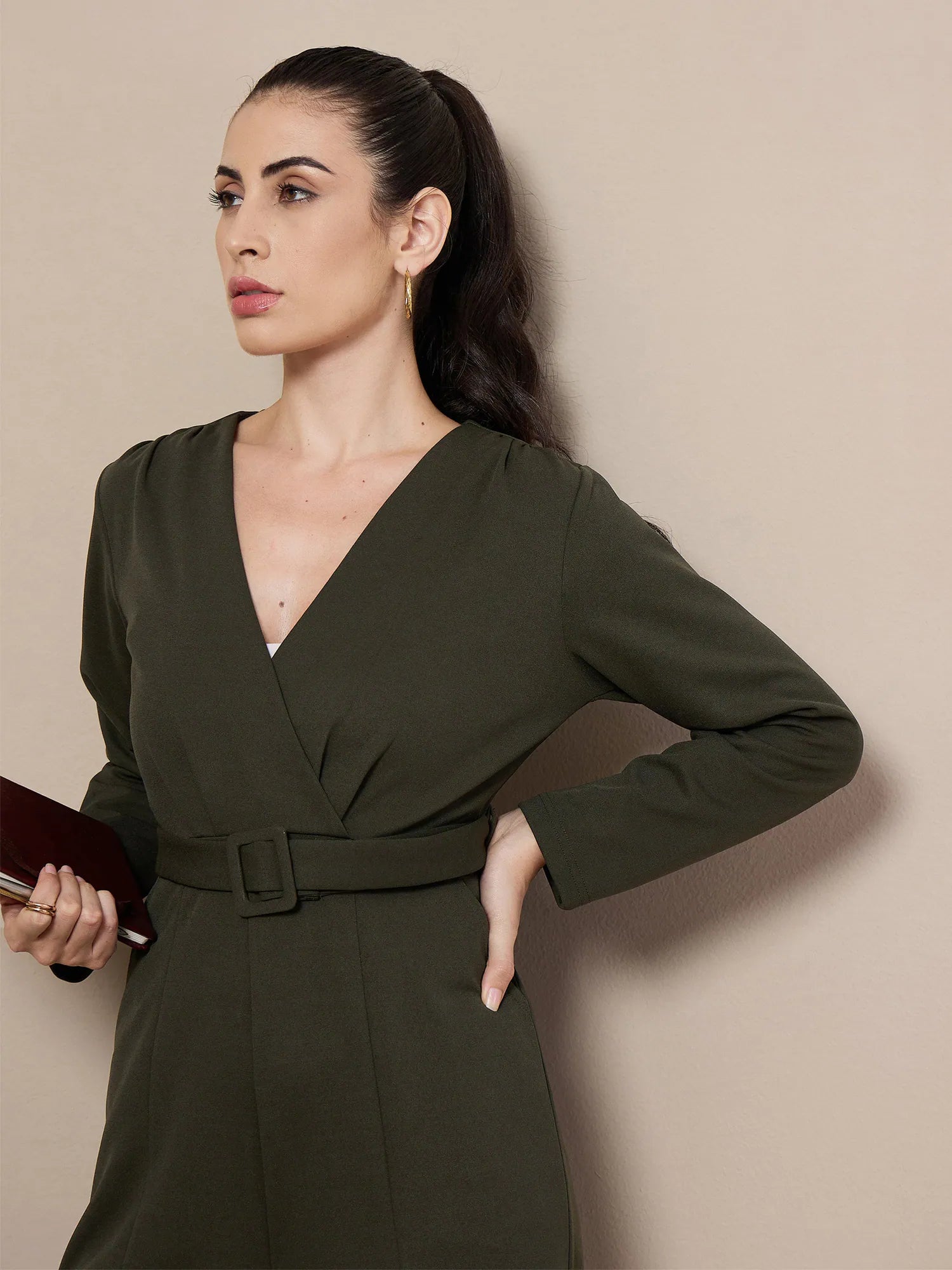 Women Olive V-Neck Belted Jumpsuit-SFJMPS8327