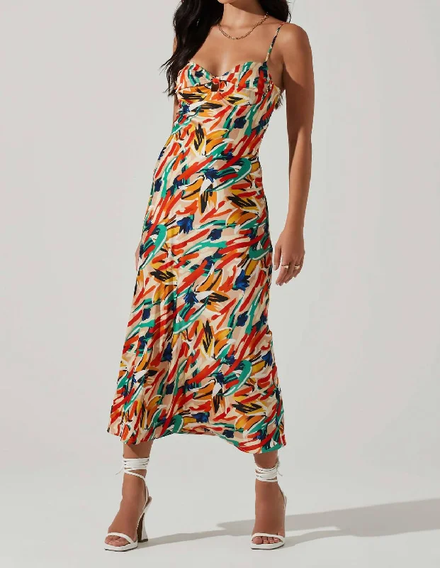 Mariela Abstract Satin Midi Dress In Orange Green Multi