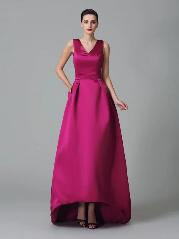 A-Line/Princess Straps Ruched Sleeveless High Low Satin Bridesmaid Dresses