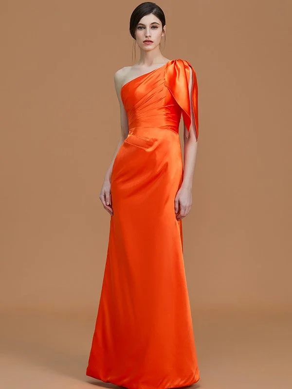 Trumpet/Mermaid One-Shoulder Sleeveless Floor-Length Ruched  Woven Satin Bridesmaid Dresses