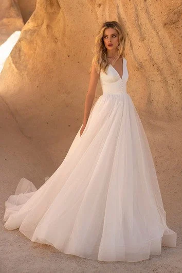 Sleeveless V-neck With Button Details And V-back Tulle A-line Wedding Dress