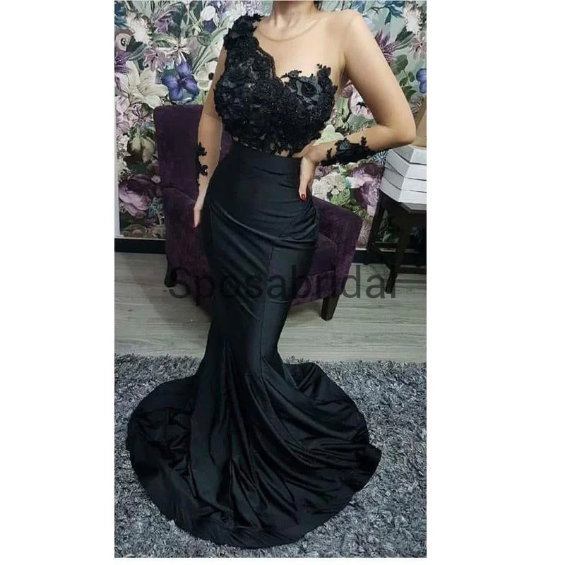 Sexy Elegant Mermaid Long Sleeves Black Unique Long Modest Prom Dresses PD1927