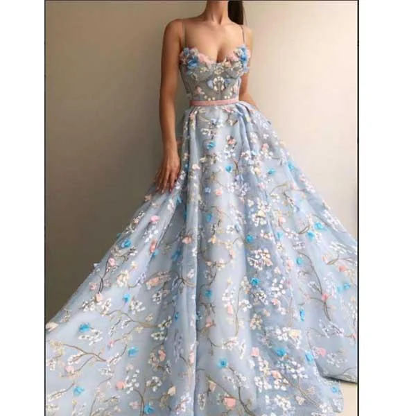 Spaghetti Strap 3D Flower Applique Sky Blue Prom Dresses Ball Gowns, PD0838