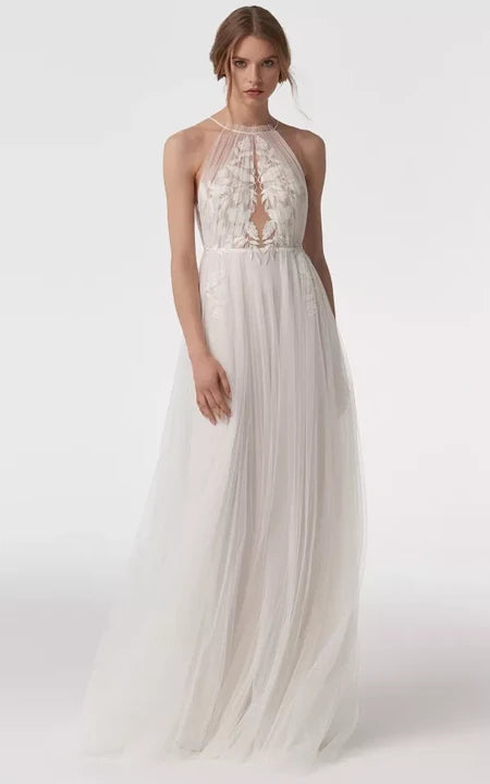 Ethereal High-neck Sleeveless Pleated Empire Tulle Wedding Dress with Applique