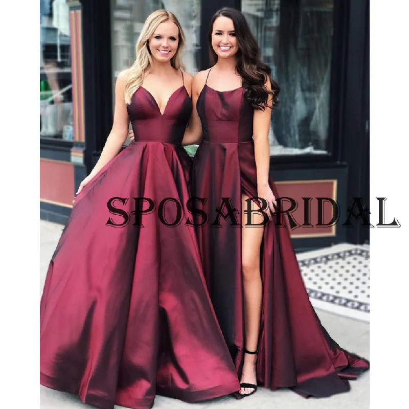 A-line Burgundy Satin Cheap Simple  Evening Prom Dresses PD2340