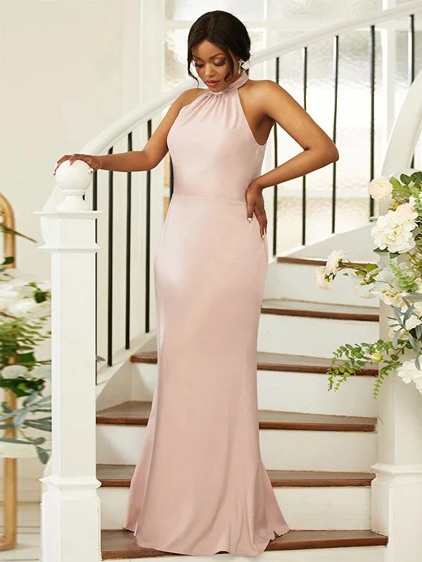 Sheath/Column Silk like Satin Ruched Halter Sleeveless Floor-Length Bridesmaid Dresses