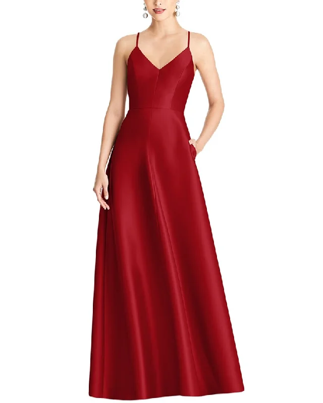 Alfred Sung V-Neck Full Skirt Satin Maxi Dress