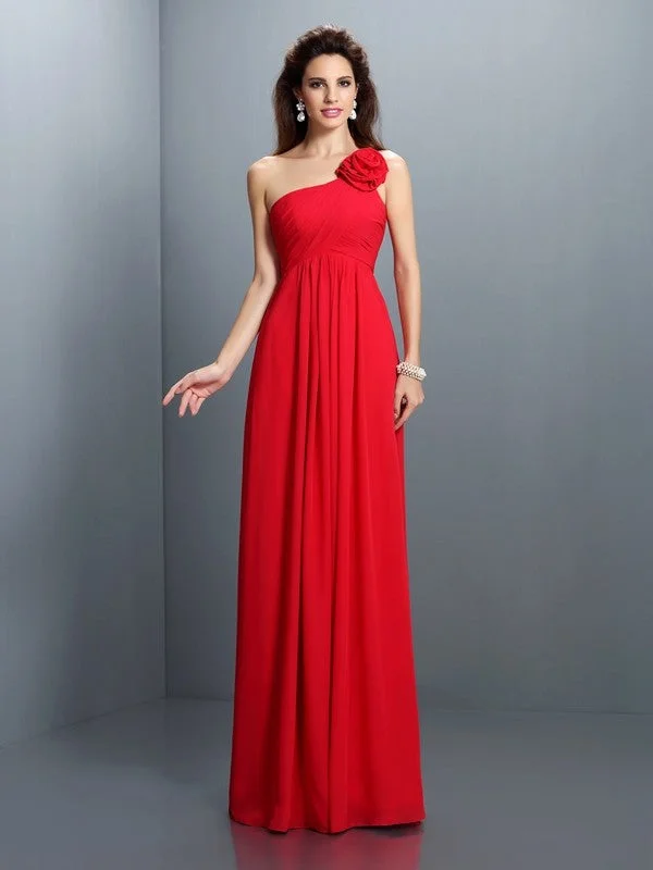 A-Line/Princess One-Shoulder Hand-Made Flower Pleats Sleeveless Long Chiffon Bridesmaid Dresses