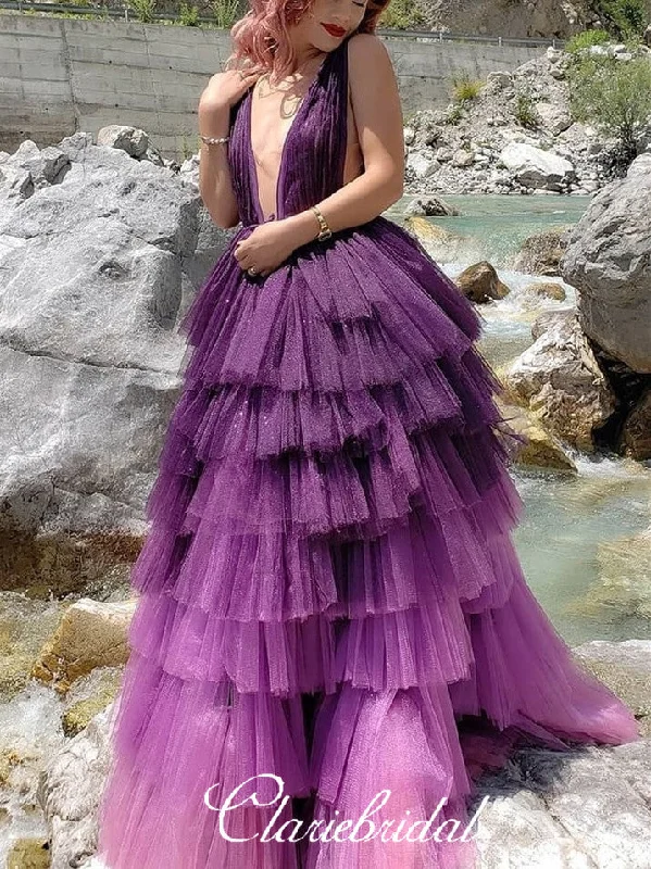 Deep V-neck Gradient Purple Tulle Prom Dresses, Lovely Fluffy Prom Dresses, New 2020 Prom Dresses