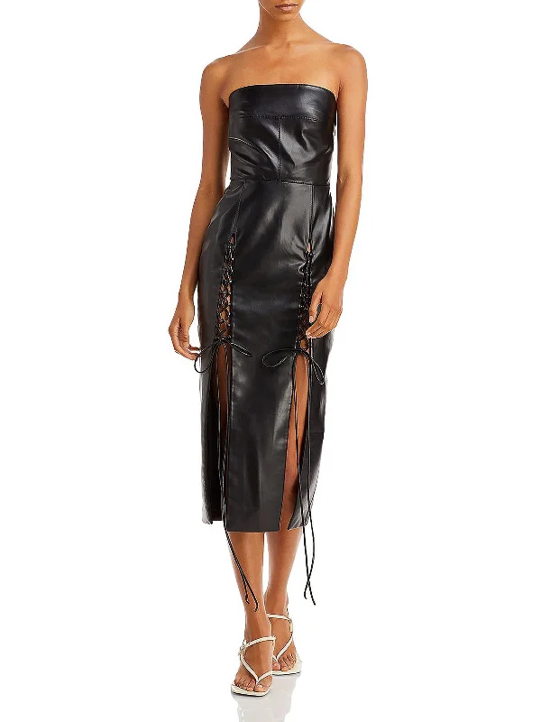 Womens Vegan Leather Lace Up Midi Dress