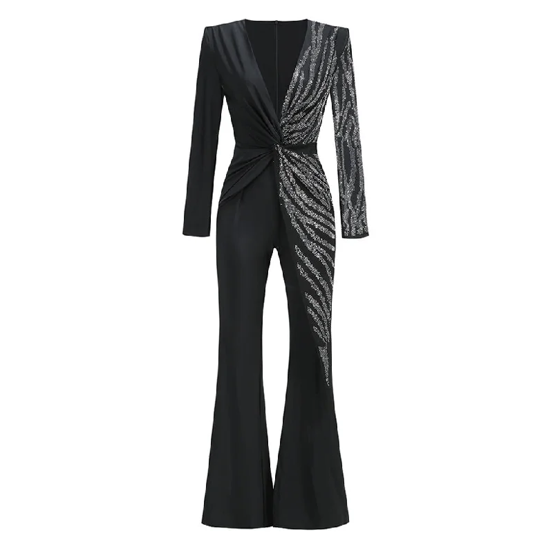 Luxurious Plunge Long Sleeve Twist Waist Flare Leg Rhinestone Jumpsuits