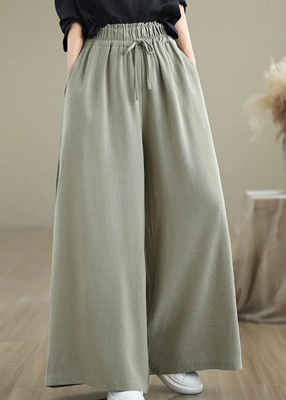 Women Light Green Pockets Elastic Waist Cotton Pants Fall