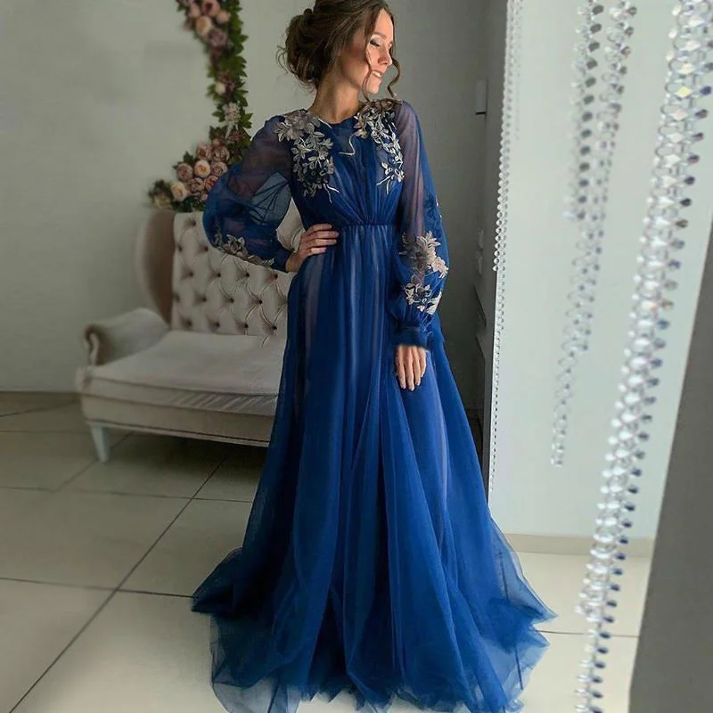 Long Sleeves New Arrival Tulle Long Modest Blue Prom Dresses with Appliques, Prom dress PD1889