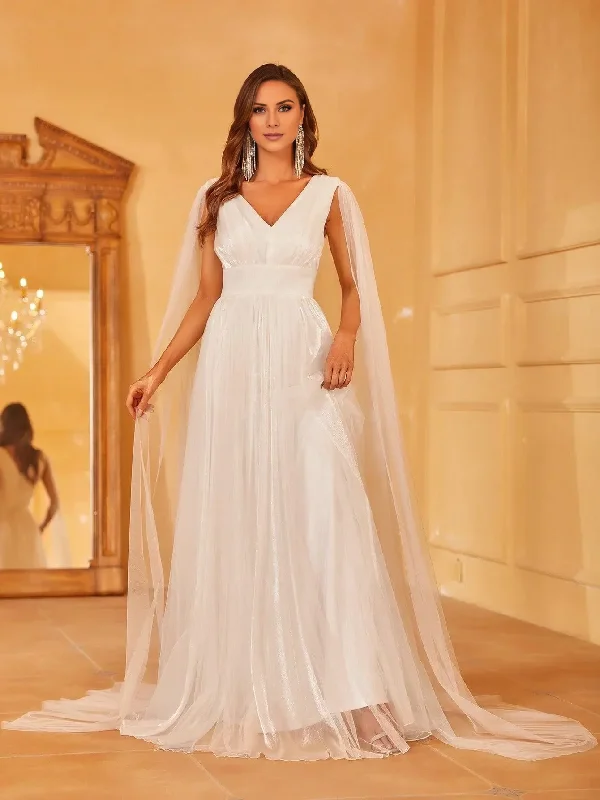 A-line deep V-neck cape and floor length wedding dress